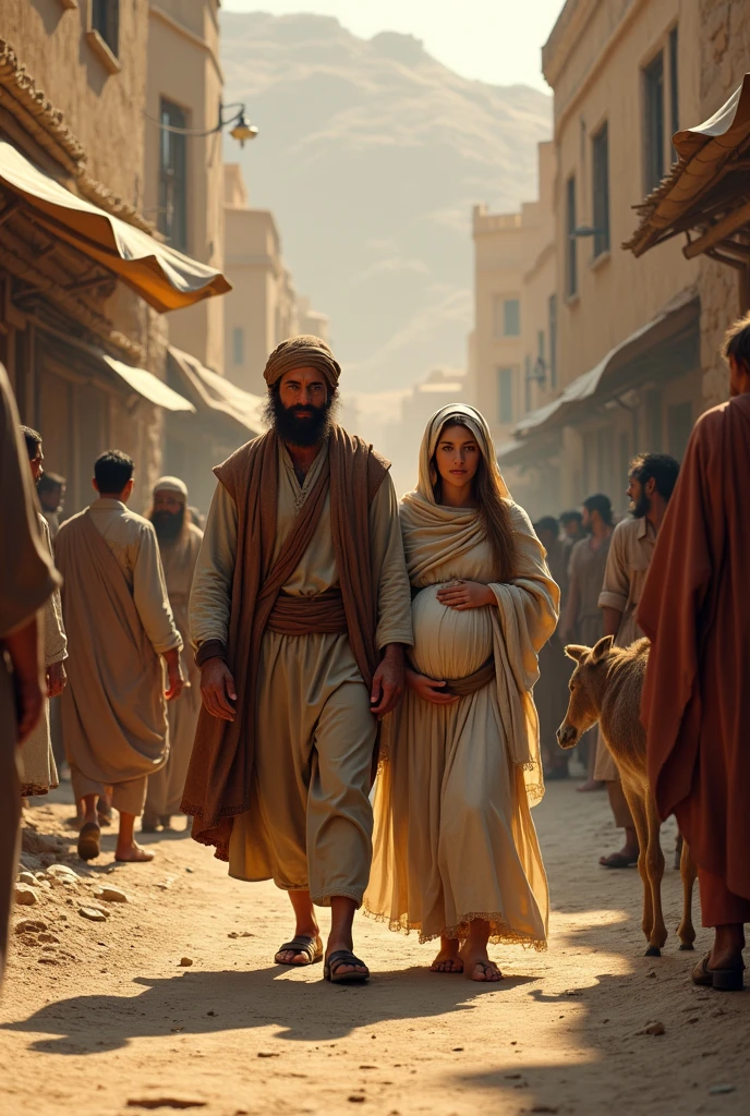Arafed image of a middle-aged man and woman and a child in biblical clothes,  marido esposa e filhos