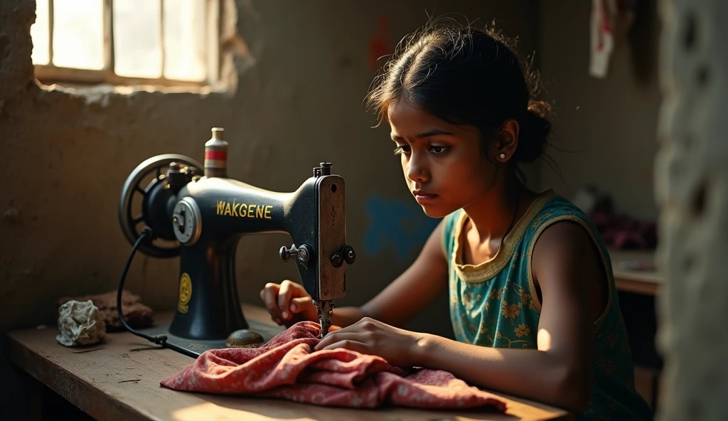 an indian girl, 10years, fair, holding a wood cutter in a carpenter workplace