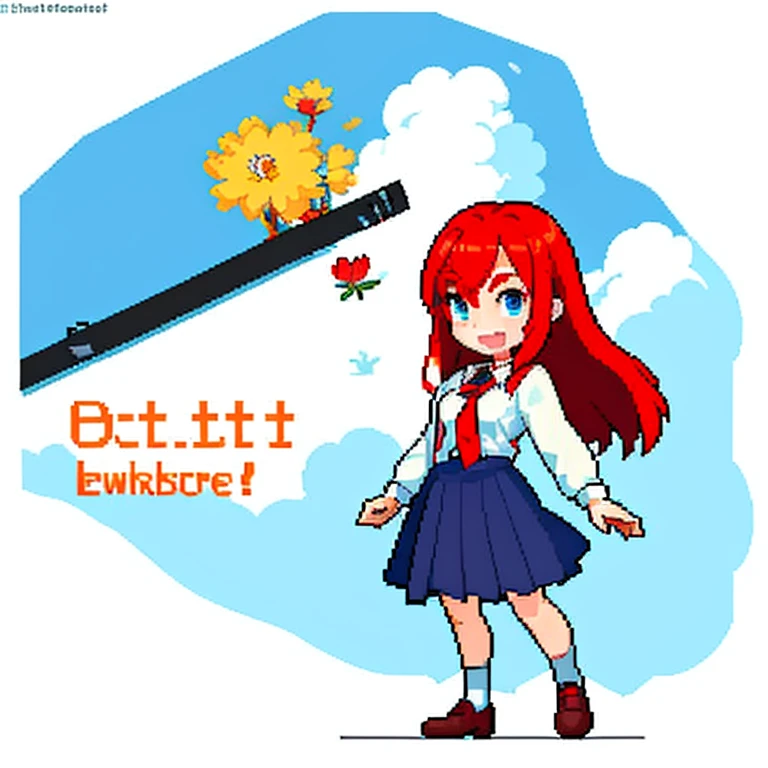 One girl, White shirt, Blue Skirt, Black shoes下, Black shoes, Redhead, Long Hair, Holding a microphone, Dancing, Hair Flowers, Short sleeve, hogtie&gagged,