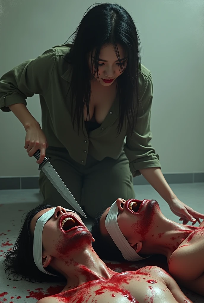 korean naked girl, (behind corpse, surgical mask), multiple girls, holding knife, stabbing, leather gloves, room full of blood, trucker hat, holding knife, leather gloves, behind corpse, blood splatter, night, mass murderer, robbery, in the house,
