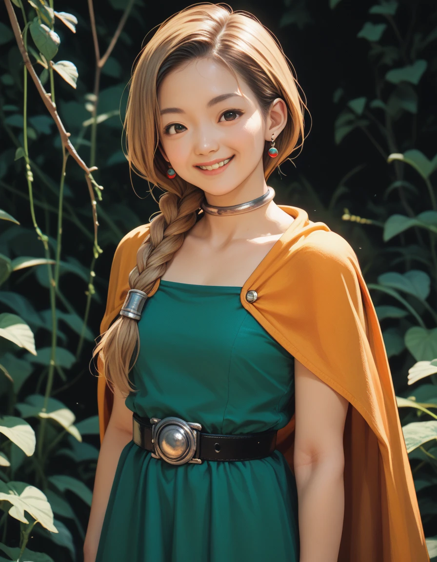 (Photorealistic:0.8)extremely detailed(Bianca:0.9)asian,single braid,hair over shoulder,earrings,choker,orange cape,green dress,belt,smile