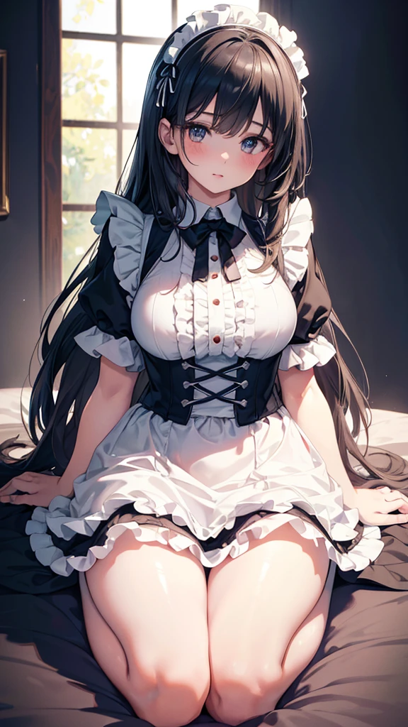 masterpiece, best quality, nsfw,
1girl, view from below,
lift up the skirt, maid clothes, white panties, white garter belt, black hair, embarrassed face,
(wet body:1.2), bedroom, night,