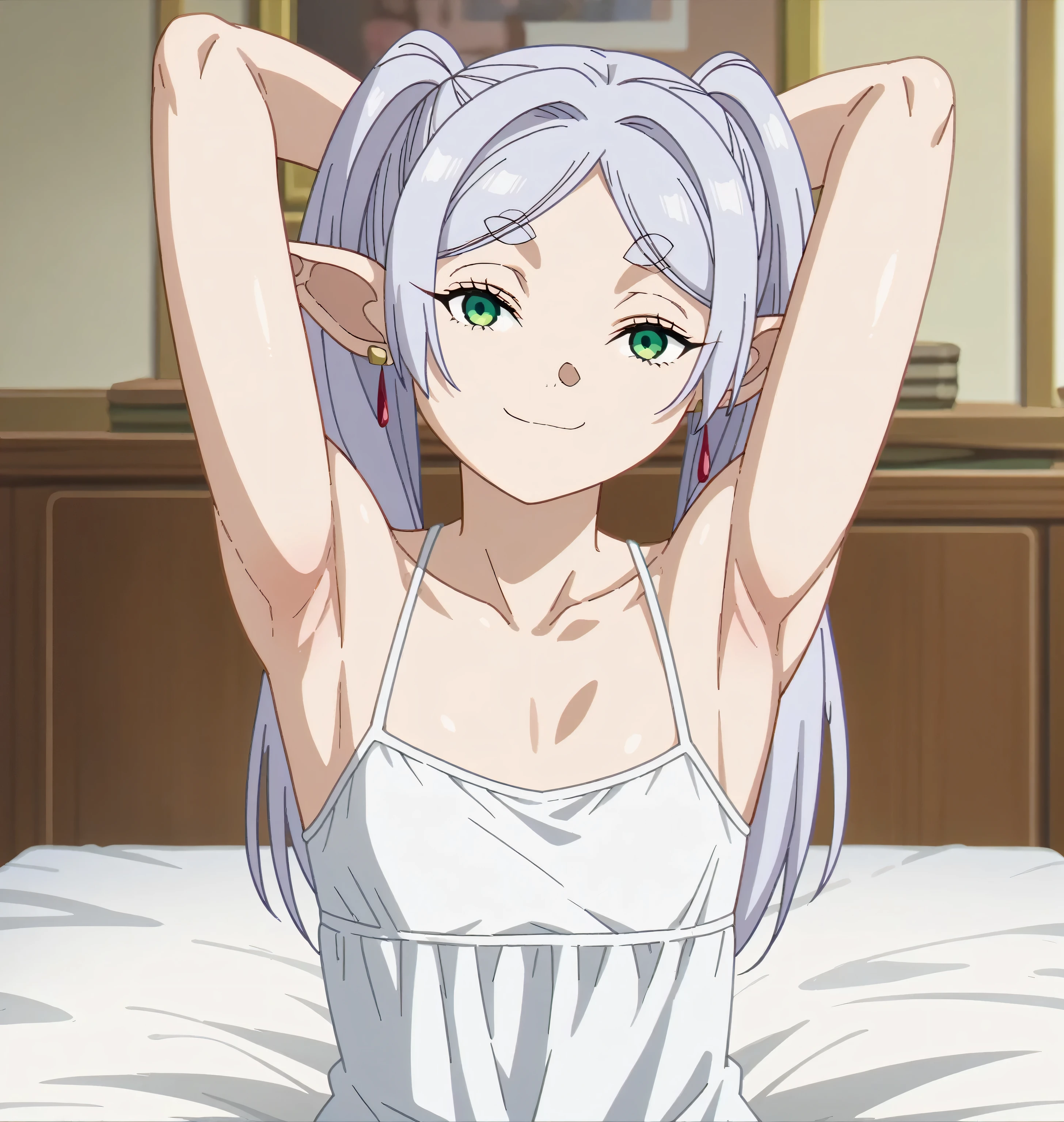 score_9, score_8_up, score_7_up, source_anime, anime screencap, indoors, inn, medieval room, 1girl, solo, frieren, green eyes, grey hair, twintails, thick eyebrows, pointy ears, earrings, camisole, white camisole, straps, spaghetti straps, collarbone, flat chest, looking at viewer, head towards viewer, eyes half-open, bare shoulders, bare arms arms behind head, armpits, smile, smug, closed mouth, sitting on bed, sousou_no_frieren_style