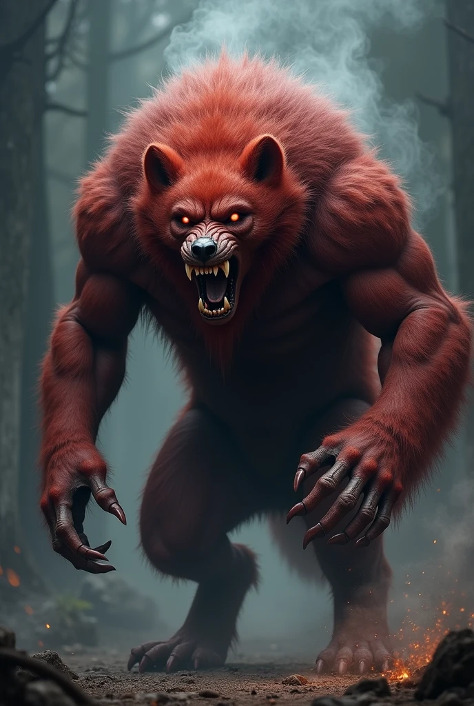 Create a werewolf with red fur and blue eyes 