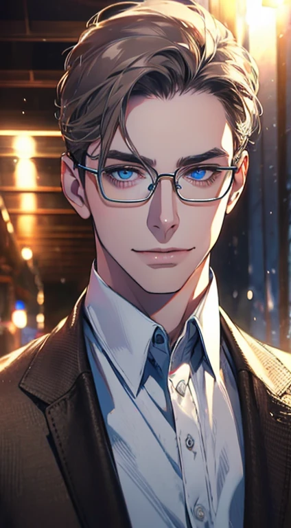 a mature man with short grey brown hair, blue eyes, 3, perfect face, smiling, CEO, cinematic lighting, 1:4 HDR, top view, ultra detailed, best quality, masterpiece, 8K, photorealistic, beautiful image, glasses