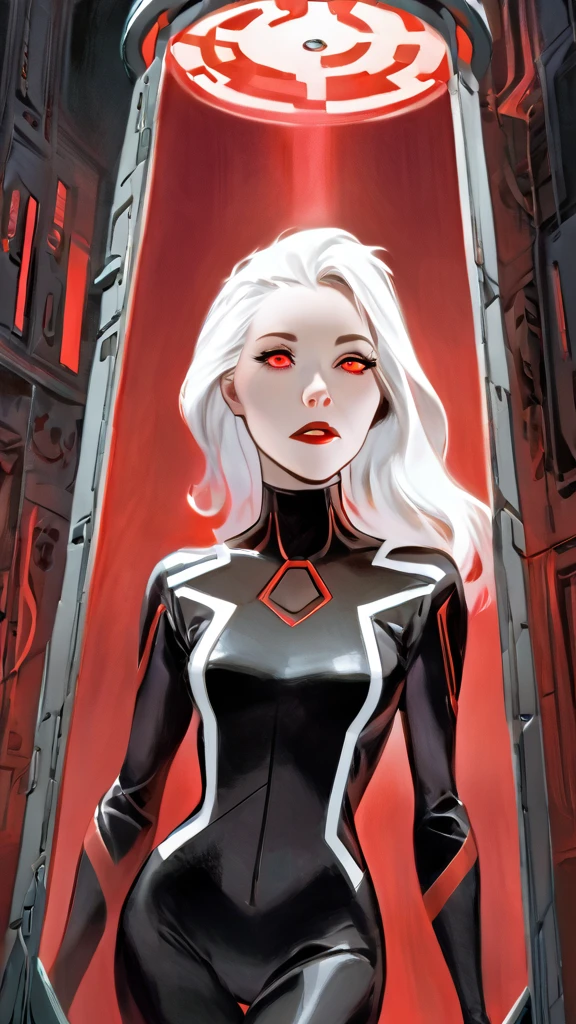 Pale Middle aged white haired Woman wearing a black sci-fi body suit. She has a calm dead pan expression. She is laying inside a geometric scifi coffin that glows red. The room is very dark with the only light coming from her coffin. Yhe whites of her eyes are black