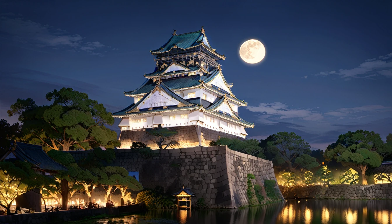 masterpiece, best quality, very aesthetic, absurdres,
Osaka Castle, moon, scenery, night, architecture, sky, east asian architecture, crescent moon, outdoors, night sky, tree, building, cloud
 