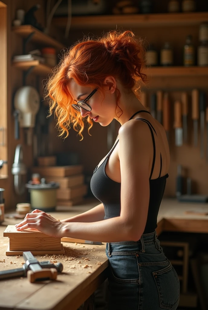 woman with curly red hair surrounded by materials to make bracelets, nude,