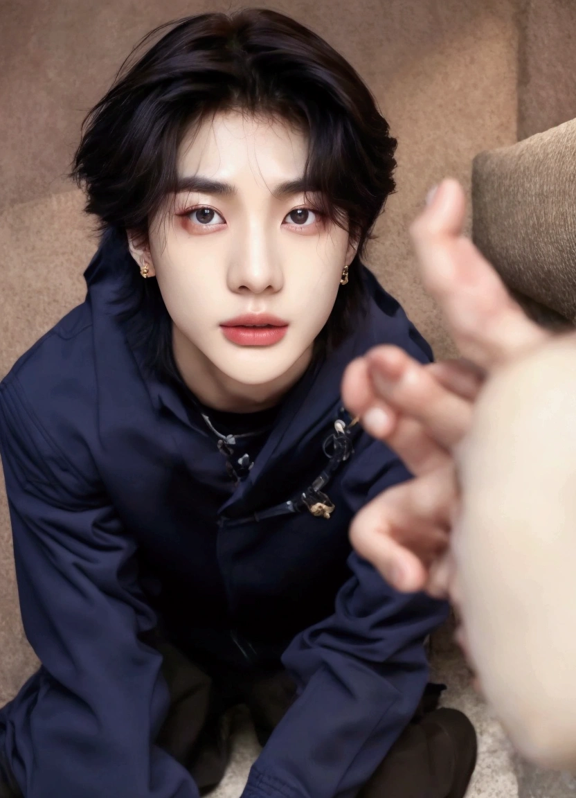 There is a man sitting on the floor with his hand raised., Jung Jaehyun, jinyoung pimple, Cai Xukun, cute korean face and wan, sometimes ulzzang, hyung tae, Kim Tae Jun, jungkook, sakimichan, taken in the early 2020s, Kim Doyoung, Yanjun Chengt, South Korean man