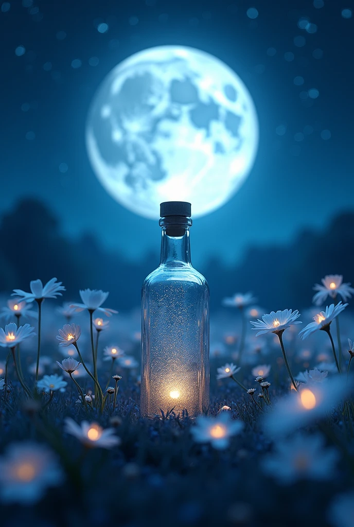 Night background with a big full moon in a field of night flowers with ...