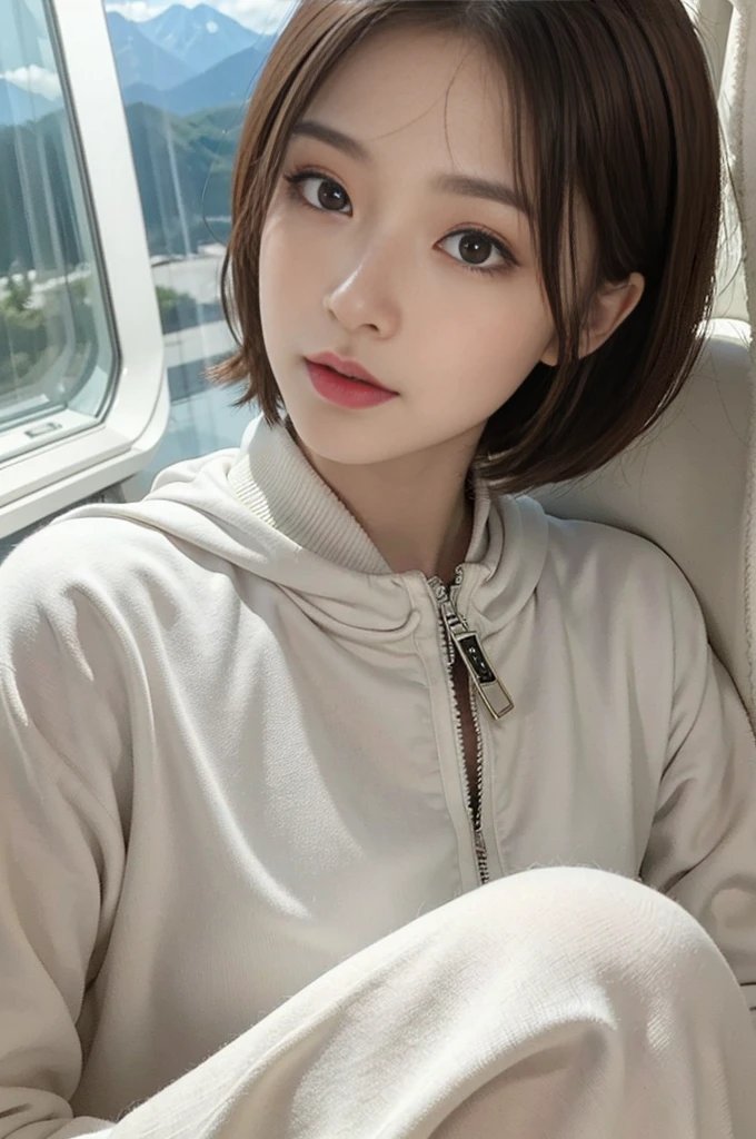 masterpiece, best quality, illustration, Super detailed, fine details, High resolution, 8K,wall paper, perfect dynamic composition,(Details High quality, realistic depiction of eyes:1.3), (Oversized Light Gray Hoodie:1.2), Erotic Shorts, big breasts, short bob hair、black hair color, Big Natural Color Lip, bold sexy pose, (perfect body shape), crying a little、Harajuku style、20 year old girl、cute type、lolita、beautiful legs, hotel room, gravure idol