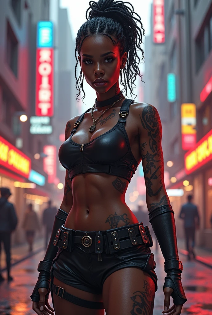 High resolution photography A (((dark skin))) black woman death dealer shadow hunter. dressed provactitly sexually dressed miniskirt tub top underboob. right hand on fire with blue flames, I'm not thin and shy. Short black curly A4 hair. margin. Tattoo. Night on the streets of Yangon, Myanmar.