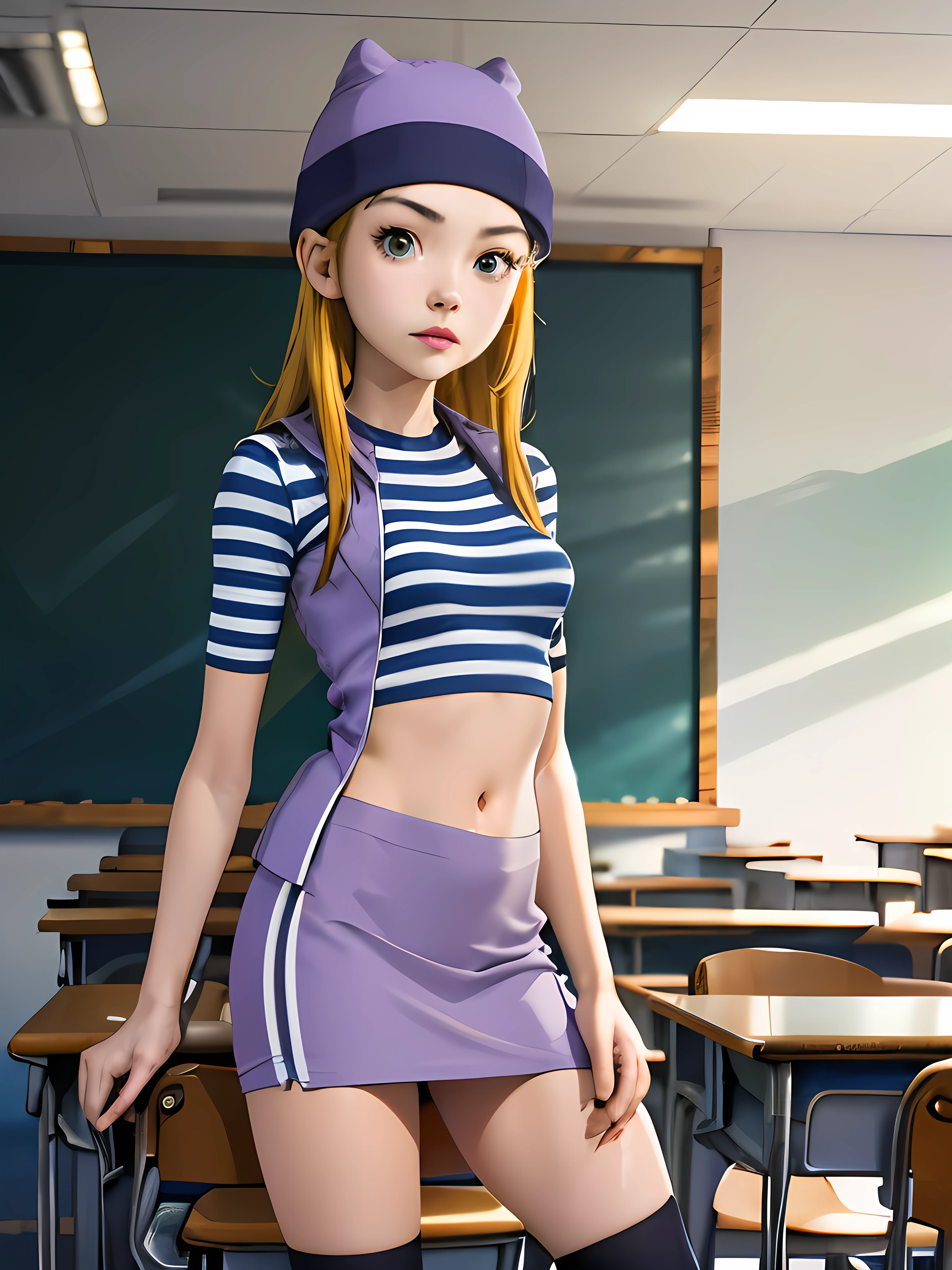 (masterpiece, best quality), 1girl, izumi Orimoto, indoors, classroom, green eyes, blonde hair, long hair, purple beanie, purple vest, purple miniskirt, blue white striped shirt, long purple socks, purple vest, striped shirt, navel shirt, medium size breast. skirt lift