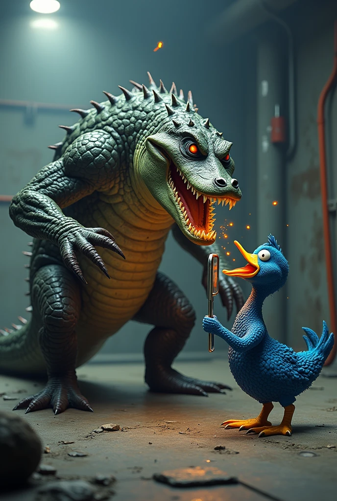 Shark standing strong with angry face with weak duck inside its mouth pixar