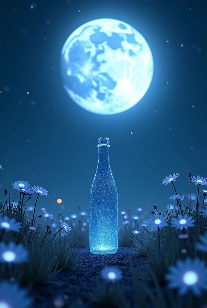Night background with a big full moon in a field of night flowers with ...