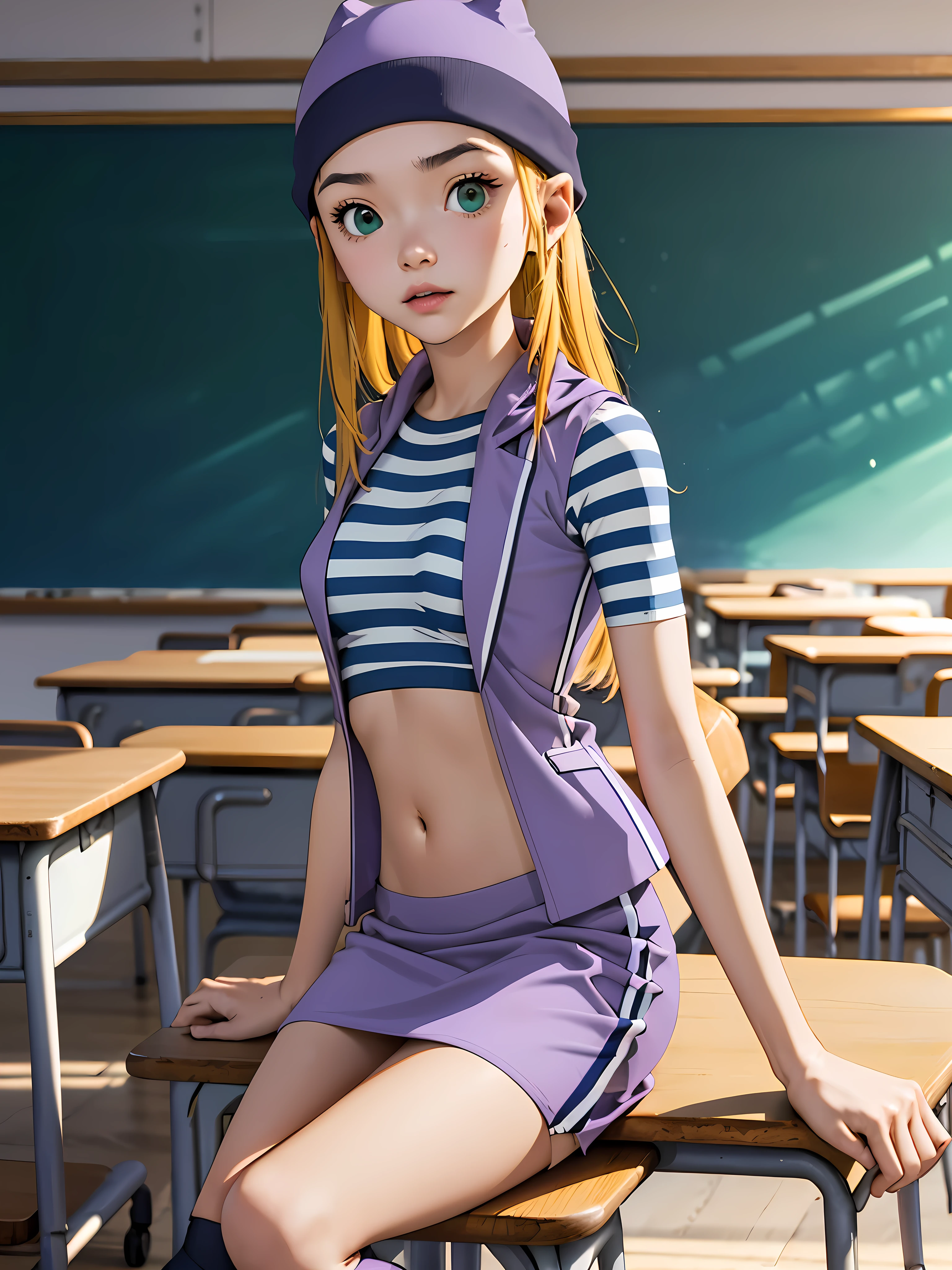 (masterpiece, best quality), 1girl, izumi Orimoto, indoors, classroom, green eyes, blonde hair, long hair, purple beanie, purple vest, purple miniskirt, blue white striped shirt, long purple socks, purple vest, striped shirt, navel shirt, medium  size breast. skirt lift