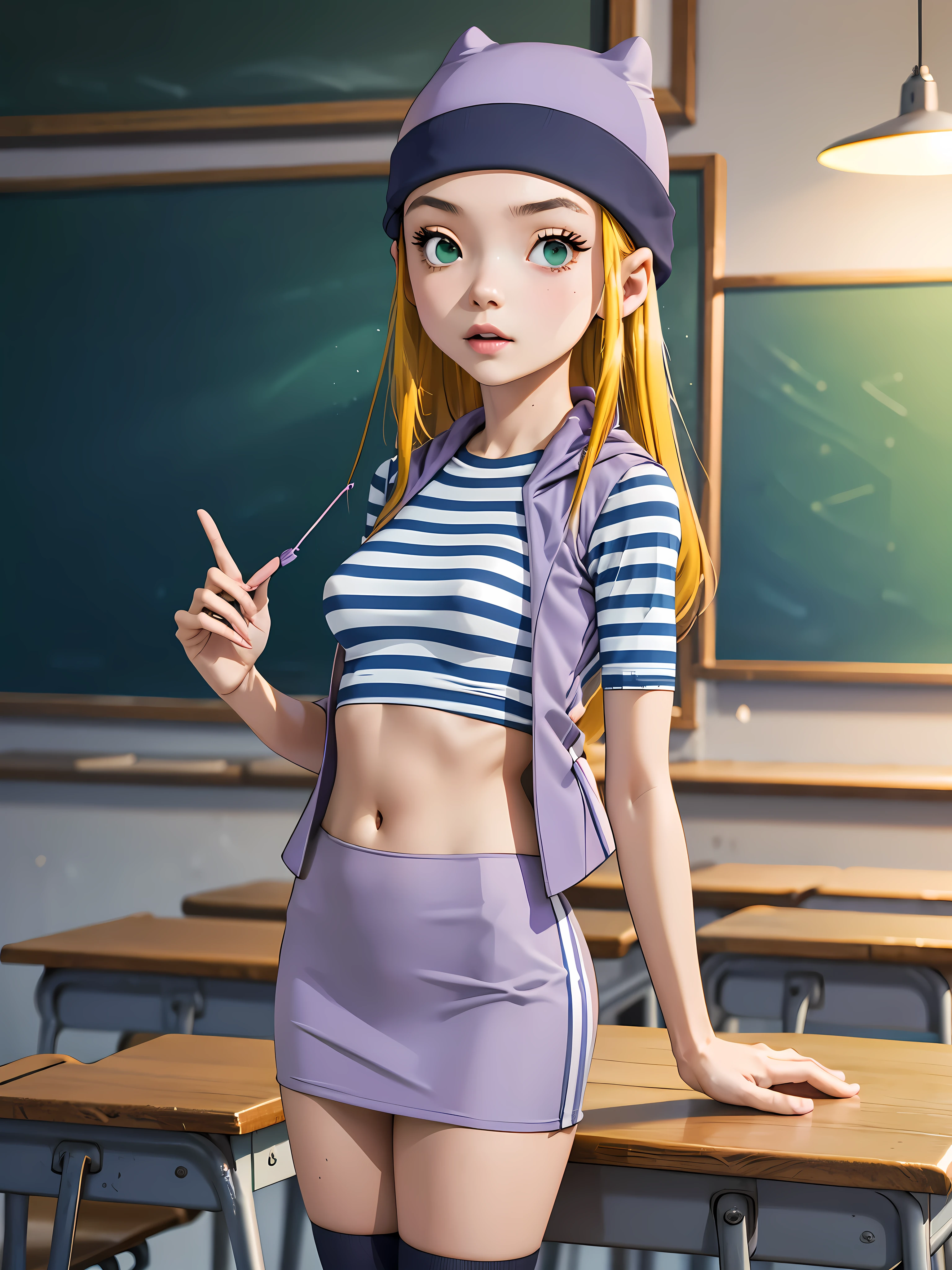 (masterpiece, best quality), 1girl, izumi Orimoto, indoors, classroom, green eyes, blonde hair, long hair, purple beanie, purple vest, purple miniskirt, blue white striped shirt, long purple socks, purple vest, striped shirt, navel shirt, medium  size breast. skirt lift