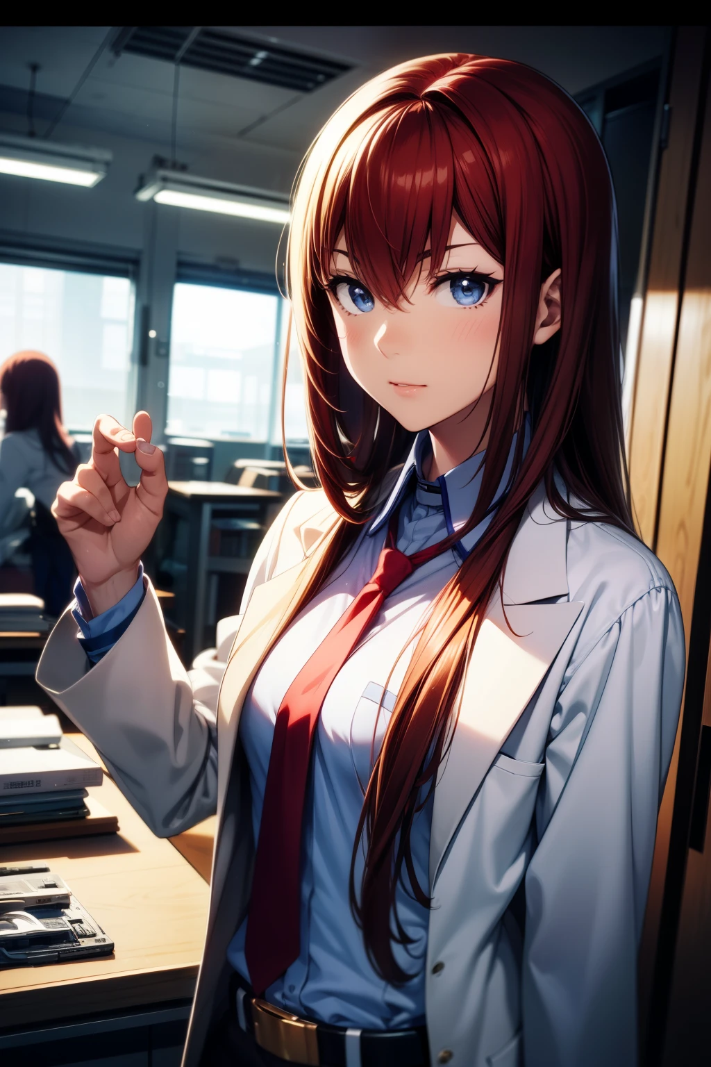 masterpiece、Best Quality、High resolution、Detailed face、((anime、anime塗り、animeカラーリング、RAW Photos)),makise kurisu,1girl, bangs, belt, blue eyes,  hair between eyes, long hair, looking at viewer, makise kurisu, necktie, labcoat,  、red hair, shirt, Alone, Random Pause、Random Angle、Dynamic Angle、Laboratory、graduate School,