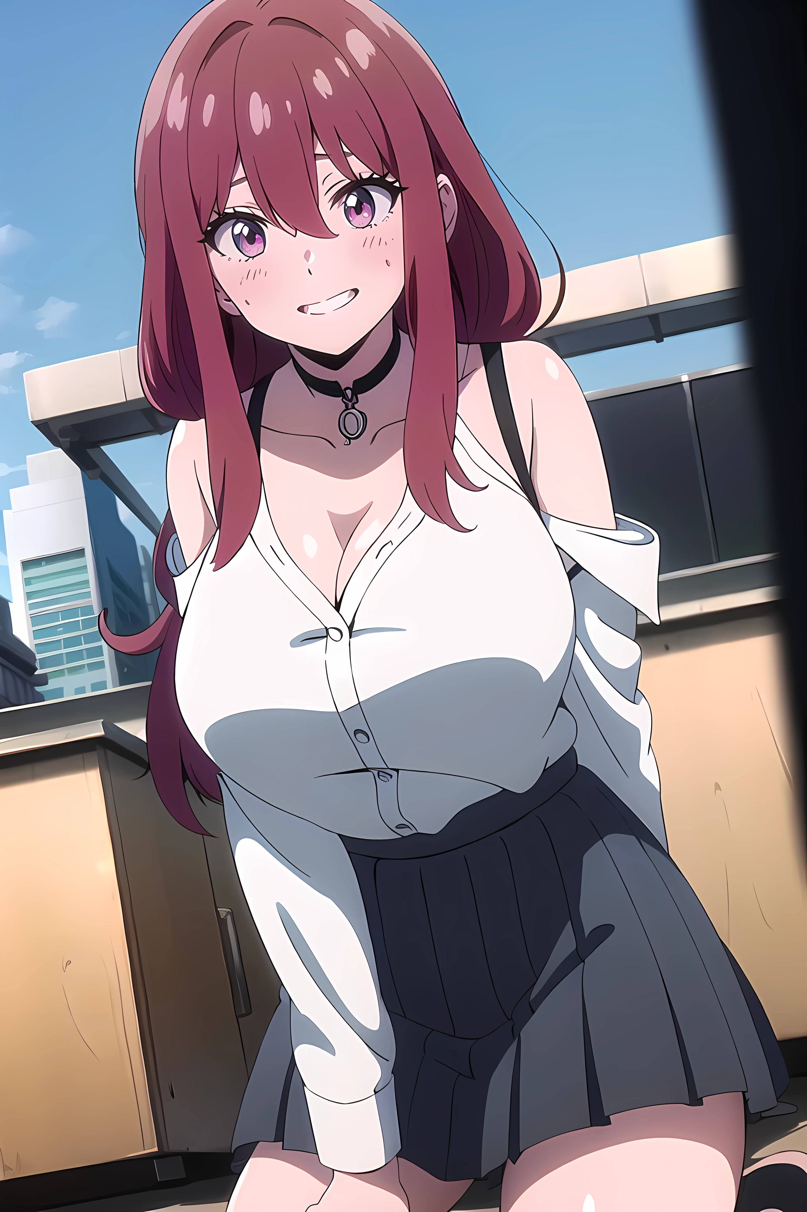 (masterpiece), Red hair、Long Hair、bangs、Hair between the eyes、One side up、Red Eyes、smile showing teeth, blush, embarrassed、big chest, Cleavage, arms_behind_return, (translucent white shirt, off_shoulder, Long sleeve), black skirt, pleated skirt, choker, strap, (city bangraund:1.3), Detailed Anime Style,