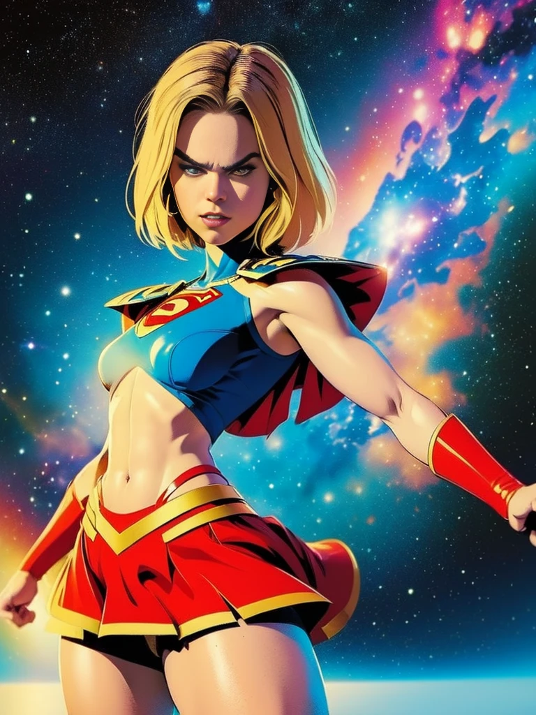 Cinema poster. (((A comic style, cartoon art))). Supergirl Posing for photo (((in epic heroic pose))) , wearing his iconic red and blue uniform, Wearing a little red skirt . ((Milly Alcock face)),(((slim, Body, Slender Hot Body))). ((((Cinematic cosmic spacebackground )))) , vivid colors, detailed, detailed face, realistic shadows and bright, glowing.