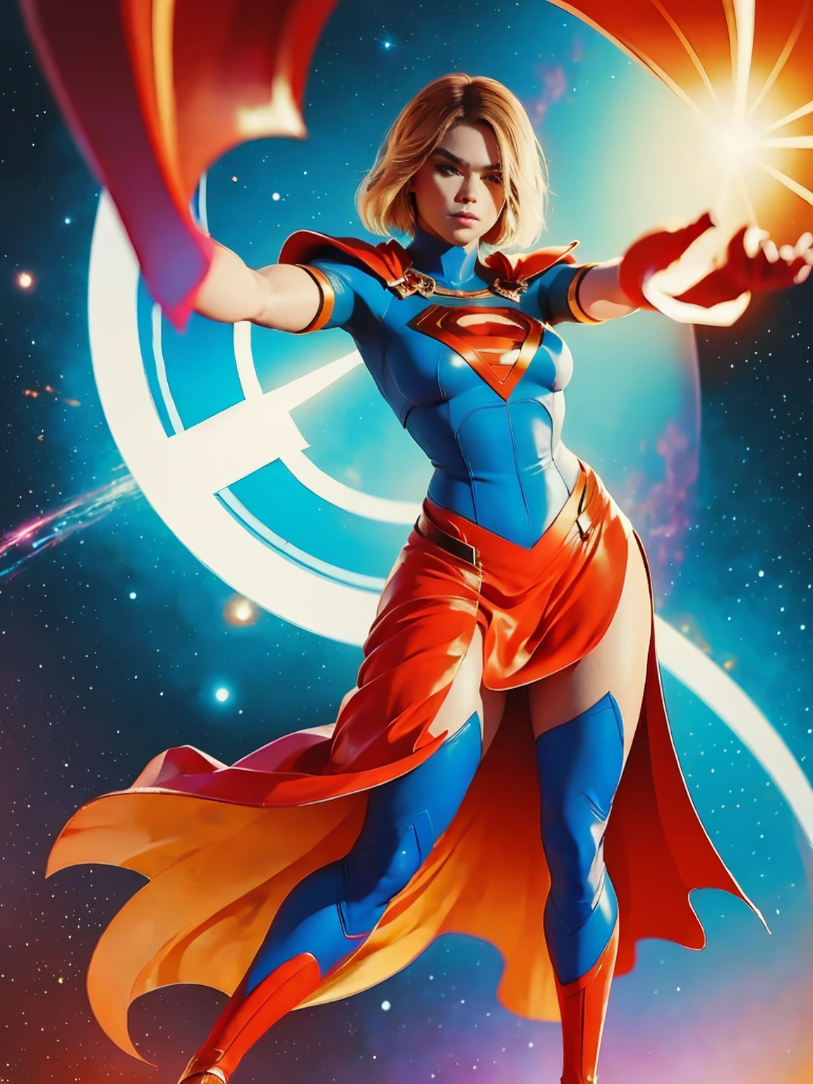 ((Full body photo, standing, feet on the ground)) Cinema poster. (((A comic style, cartoon art))). Supergirl Posing for photo (((in epic heroic pose))) , wearing his iconic red and blue uniform, Wearing a little red skirt . ((Milly Alcock face)),(((slim, Body, Slender Hot Body))). ((((Cinematic cosmic spacebackground )))) , vivid colors, detailed, detailed face, realistic shadows and bright, glowing.