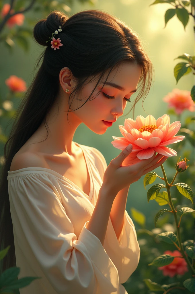 best quality,ultra-detailed,realistic,portrait,woman,beautiful detailed closed eyes,detailed lips,smelling scent of amaryllis flowers,wearing a flowing dress,serene expression,soft sunlight streaming through the trees,colorful flowers in bloom surrounding her,peaceful atmosphere,faint hint of a breeze,impressionistic style,color palette of pastel tones,subtle play of light and shadow,harmonious composition.