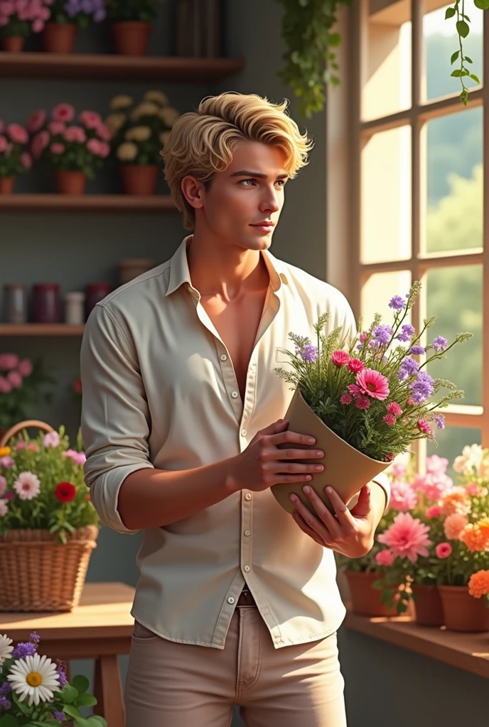 A young man, naughty man, offwhite, Parisian, grayish green eyes, hair blonde, light medium tone, medium short cut, wearing dark jeans, segurando lirios offwhites, wearing no shirt, with a mysterious smile on his face, in a bright room, with an open window showing the eiffel tower, in the Disney prince drawing style, hentai