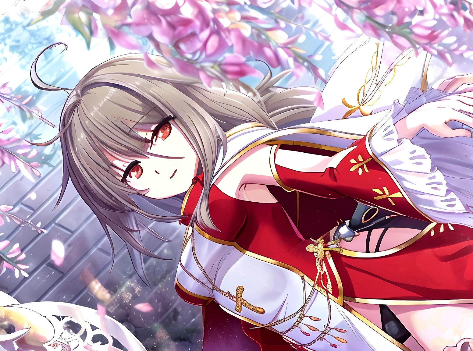 yae miko、hair ornament、japanese clothes、sideboob、detached sleeves、wide sleeves、jewelry、earrings、bare shoulders、(((best quality)), ((masterpiece)), (details), masterpiece, best quality, high quality, ulutra detailed, perfect face, Yae Shrine Maiden、Genshin Impact、Sidehiny Hair、Glowing Skin、smile、Priestess Costume、Background of a shrine with cherry blossoms in full bloom、torii、Holding inari sushi、bachong