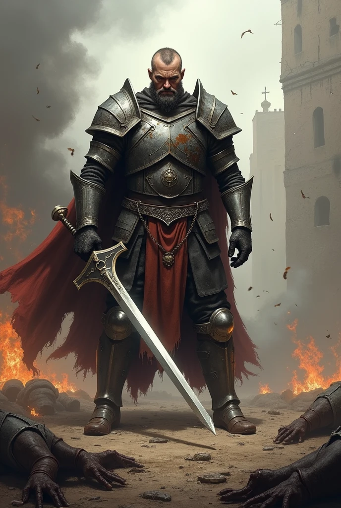 Guerreiro medieval, dark, ambiente em sua volta pegando fogo, ultrarealismo