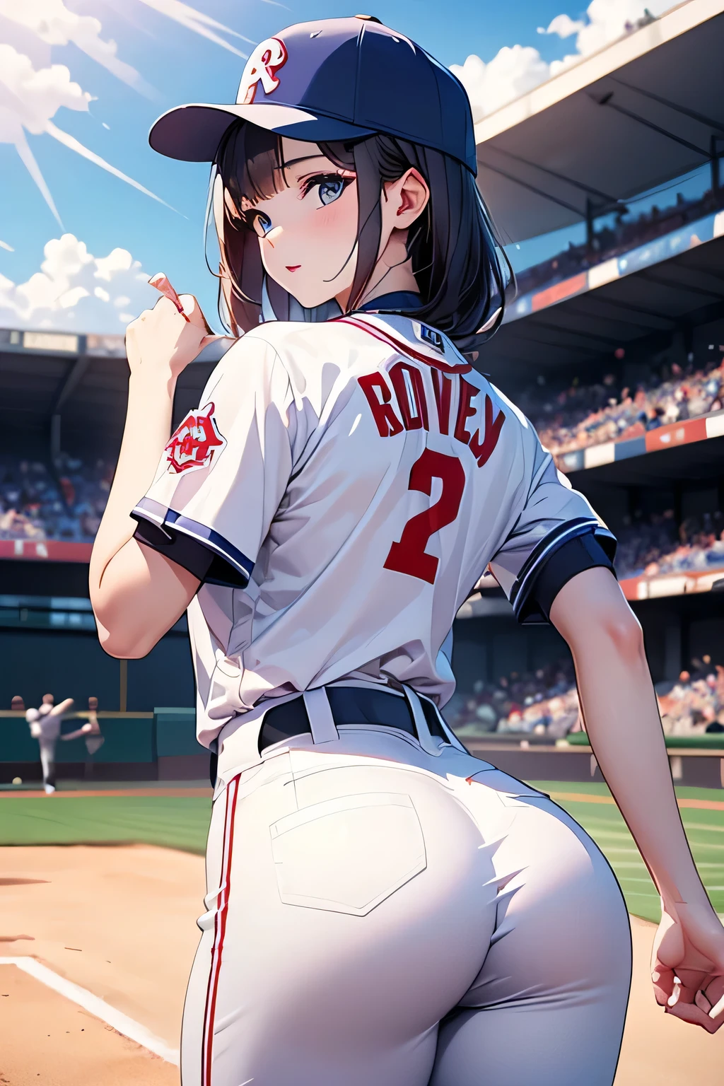 (Very detailed CG Unity 8K 壁紙),(masterpiece), (Best Quality), (Very detailed), (Best illustrations),(Best Shadow), Perfect Fingers、Baseball Stadium(The audience is watching)、Baseball uniform、Beautiful eyes、Big Breasts、Angle from behind(I&#39;m supporting my butt with a bat 1.2)、Tight waist、Perfect Body、(Tied Hair、Bangs up 1.2)、