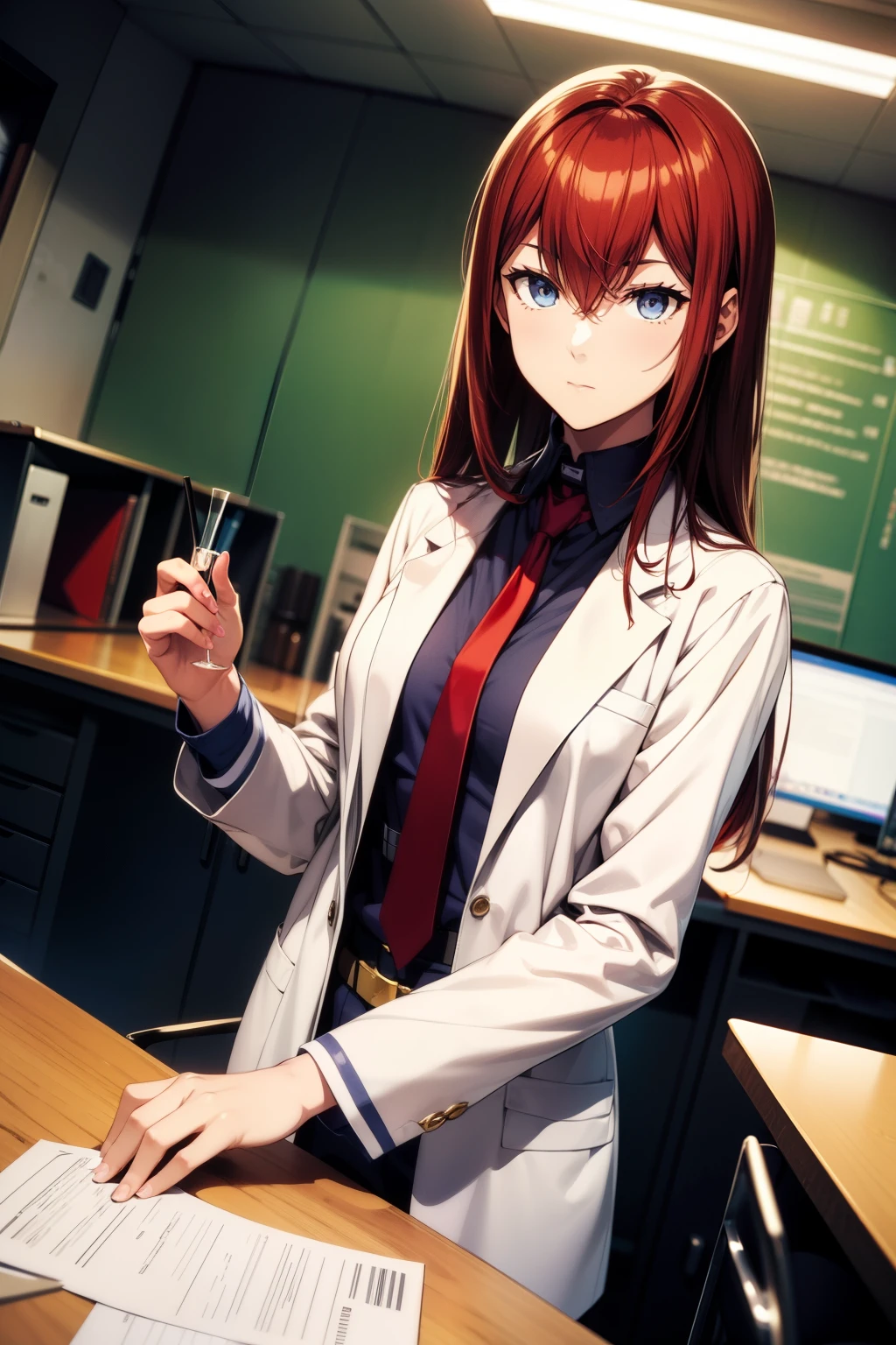 masterpiece、Best Quality、High resolution、Detailed face、((anime、anime塗り、animeカラーリング、RAW Photos)),makise kurisu,1girl, bangs, belt, blue eyes, hair between eyes, long hair, looking at viewer, makise kurisu, necktie, open_labcoat, red hair, shirt, Alone, Random Pause、Random Angle、Dynamic Angle、Laboratory、graduate School,