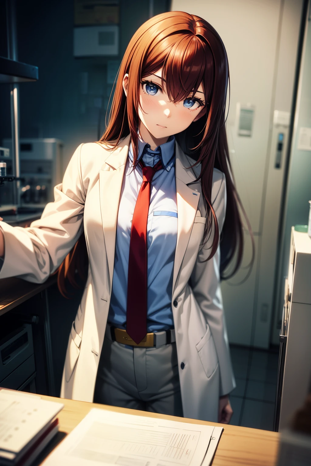 masterpiece、Best Quality、High resolution、Detailed face、((anime、anime塗り、animeカラーリング、RAW Photos)),makise kurisu,1girl, bangs, belt, blue eyes, hair between eyes, long hair, looking at viewer, makise kurisu, necktie, open_labcoat, red hair, shirt, Alone, Random Pause、Random Angle、Dynamic Angle、Laboratory、graduate School,