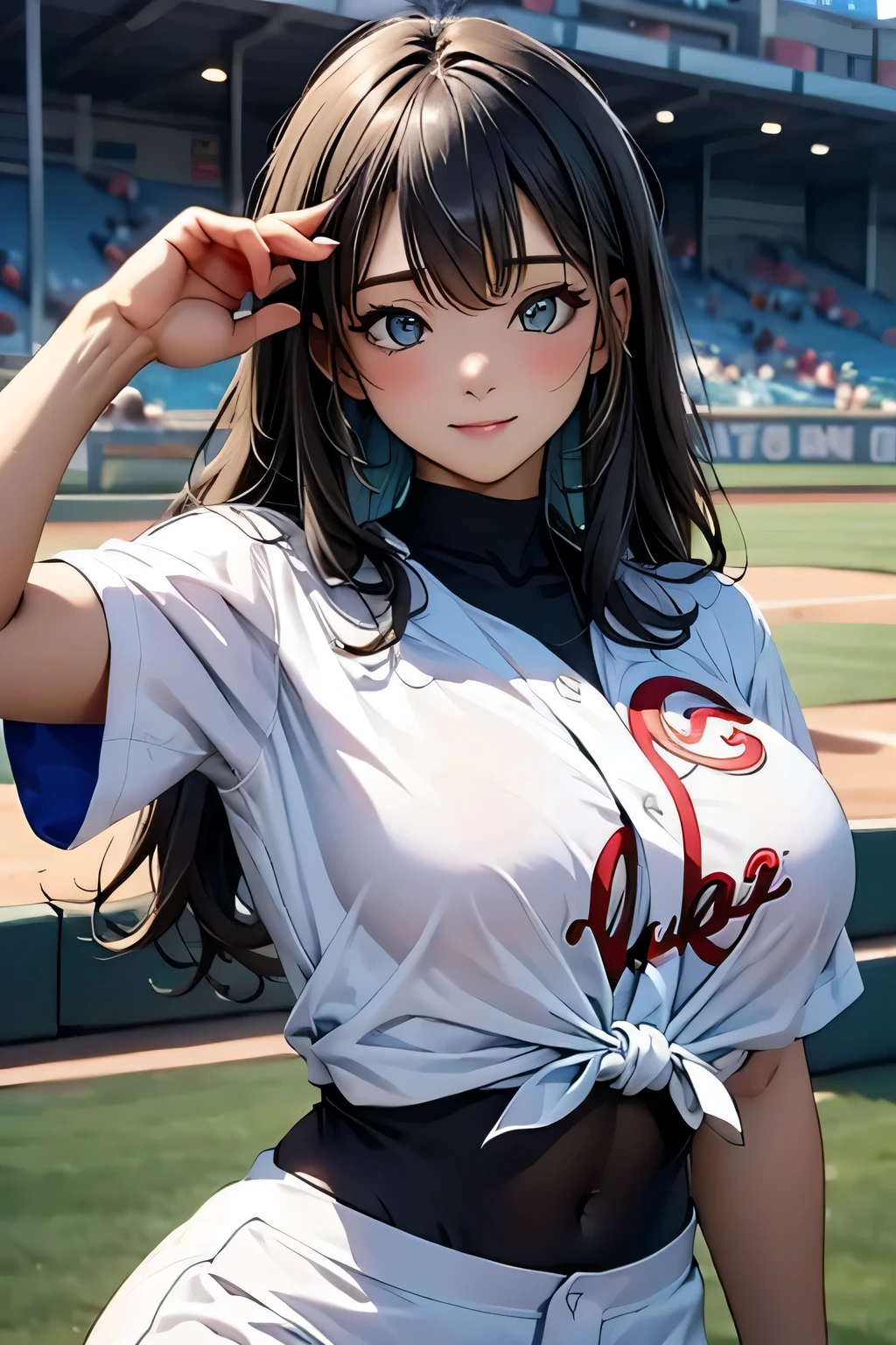 (Very detailed CG Unity 8K 壁紙),(masterpiece), (Best Quality), (Very detailed), (Best illustrations),(Best Shadow), Perfect Fingers、Baseball Stadium(The audience is watching)、Baseball uniform、Beautiful eyes、Big Breasts、Angle from behind(Holding the bat with both hands and supporting his hips 1.2)、Tight waist、Perfect Body、(Tied Hair、Bangs up 1.2)、