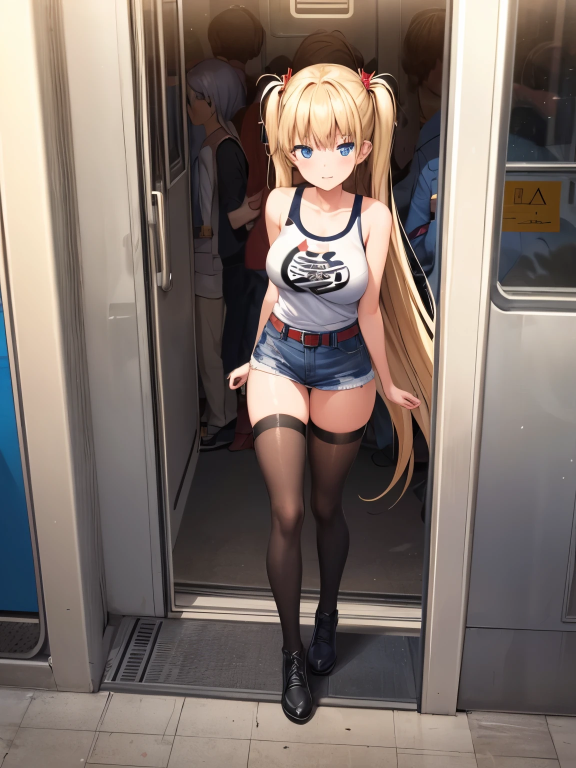 1 girl, Akizuki Airi, Blue eyes, rubio_Hair, two tails, very_long_Hair, she is wearing it in her Hair_red adorno, Hair_red hair tie, Half_breasts, He was wearing a white sleeveless T-shirt, a pair of blue denim shorts, with a red belt, She is wearing thigh high stockings., full body, She is inside a train, full of people., Category: Explicit