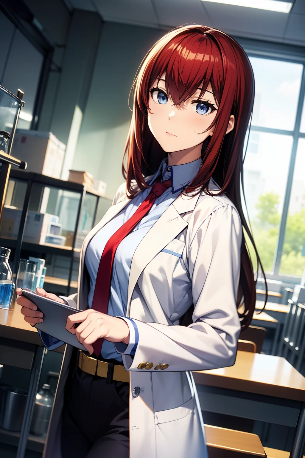 masterpiece、Best Quality、High resolution、Detailed face、((anime、anime塗り、animeカラーリング、RAW Photos)),makise kurisu,1girl, bangs, belt, blue eyes, hair between eyes, long hair, looking at viewer, makise kurisu, necktie, open_labcoat, red hair, white_shirt, Alone, Random Pause、Random Angle、Dynamic Angle、Laboratory、graduate School,