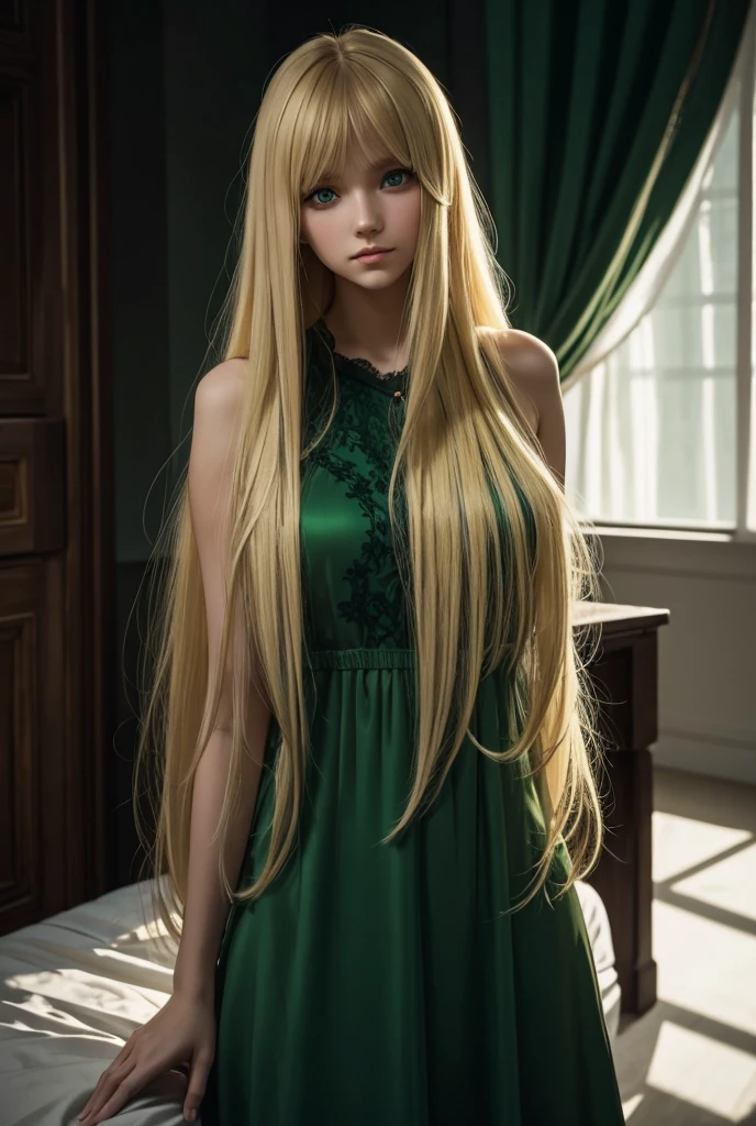 Green dress,white skinned,brunette color hair,long whitr hair,Home,hyper realisitc,high-definition picture quality,Need,tmasterpiece