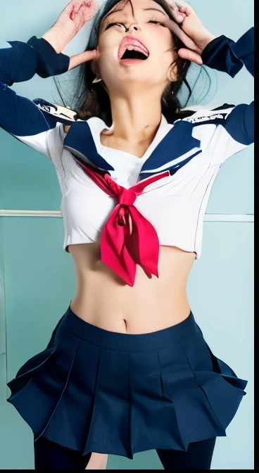 She wears the cutest high school uniform in the world、25-years old、Sculpture model attracts, (1girl in:1.Hotos、Photorealsitic:1.4、Official art、ultra-detailliert、Beautiful and aesthetic、Beautiful fece、​masterpiece、top-quality、Poses that sexually provoke men、Inviting eyes、an ecstatic look on one's face、the buttocks are small、Colossal 、Chest exposed、(barechested)、The cutest blazer in the world、the cutest blouse in the world、The cutest red ribbon in the world、The most beautiful face、The cutest earrings in the world、The cutest checked miniskirt in the world、The cutest navy knee socks in the world、The cutest black loafers in the world、The cutest sleeping face in the world、The cutest gravure idol pose in the world、The most attractive body in the world、The whole body is shown、school classrooms、opening legs widely、Touching the thigh、Showing off the cutest pants in the world、((doggy style、Raise your buttocks high、insertion、Deep joy、severe pain、Ecstatic eyes:1.2）,(view from the above:1.5）, despairing, I'm about to cry, exclamation、((panting heavily:1.2))、Ecstatic face、Climax expression、Look up、Staring at the ceiling、((Open your eyes, endure hard:1.5)), （looking at viewer：1.1）