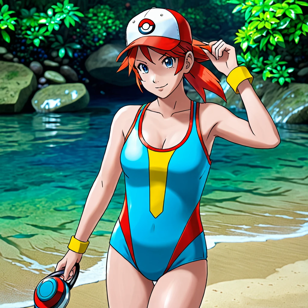 masterpiece, best quality, highres, 1girl, misty (pokemon), orange hair, 1girl, Sexy, 14yearold Misty from pokemon is wearing a lewd swimsuit and is resting at a beach a the pokemon Tentacruel suks her nipples