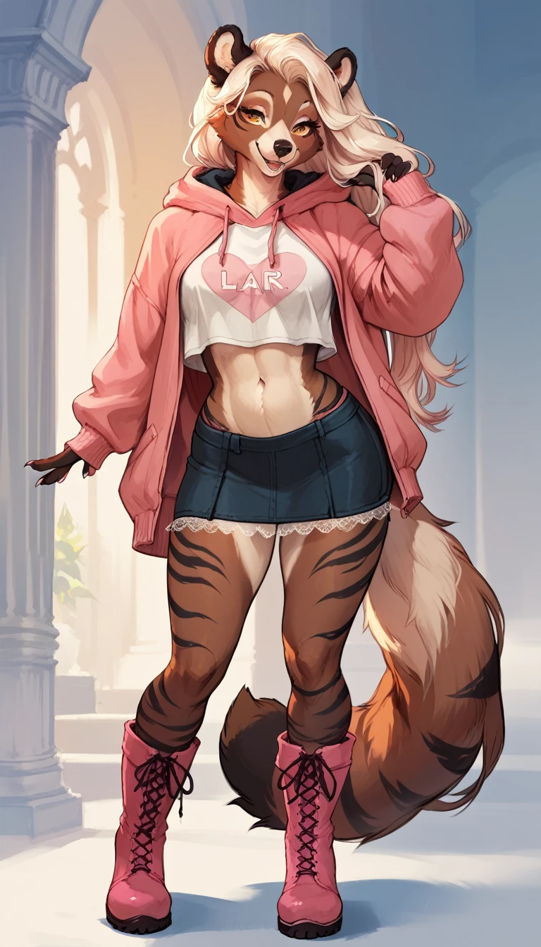 conceptual anthro fantasy anime style, a beautiful anthro white bear woman, long twintail hair, furry ears, beautiful furry body, fur on all limbs, curvy, short pink hooded sweater, transparent black t-shirt, sexy belly, short skirt with pink and black stripes, lace tights, furry pink boots, posing for photo, expressive, cheerful, smiling, full body, harmonious colors, dynamic composition, cinematic lighting, highly detailed, 8k, concept art style
