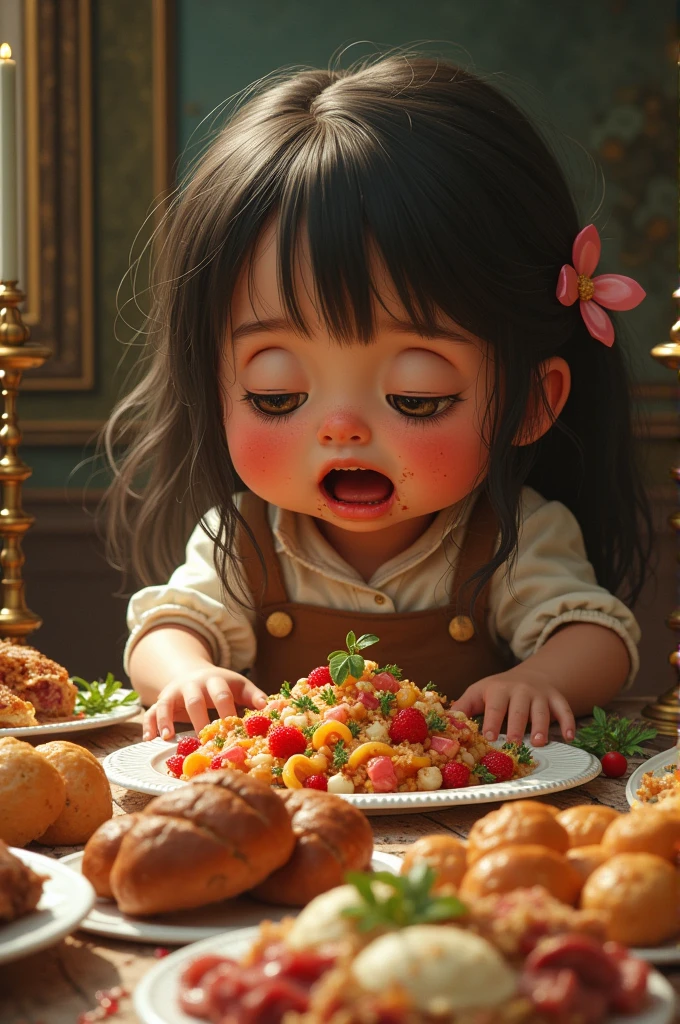 Malnourished Victorian era child eating a pile of raw meat because it has nothing else to eat and also choking on it and crying