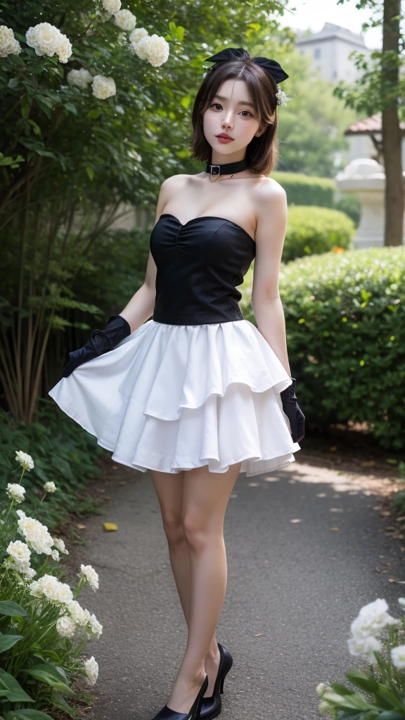 masterpiece, The best, Extremely detailed 8K wallpapers, 1 girl, outdoor, Helena(Azure Lane),strapless skirt, skirt, layered skirt,White Flowers, hair accessories, Purple Eyes, (collar), contour, (Black gloves), Bare legs,