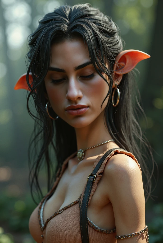 Elf woman, small pointed ears, (black hair with bangs and two braids), beautiful face, (large brown eyes), trim physique, nude, (bottomless), smiling, playful, on a deserted rocky beach, dramatic lighting, (depth of field), ((masterpiece)), ((best quality)), ((highly detailed))