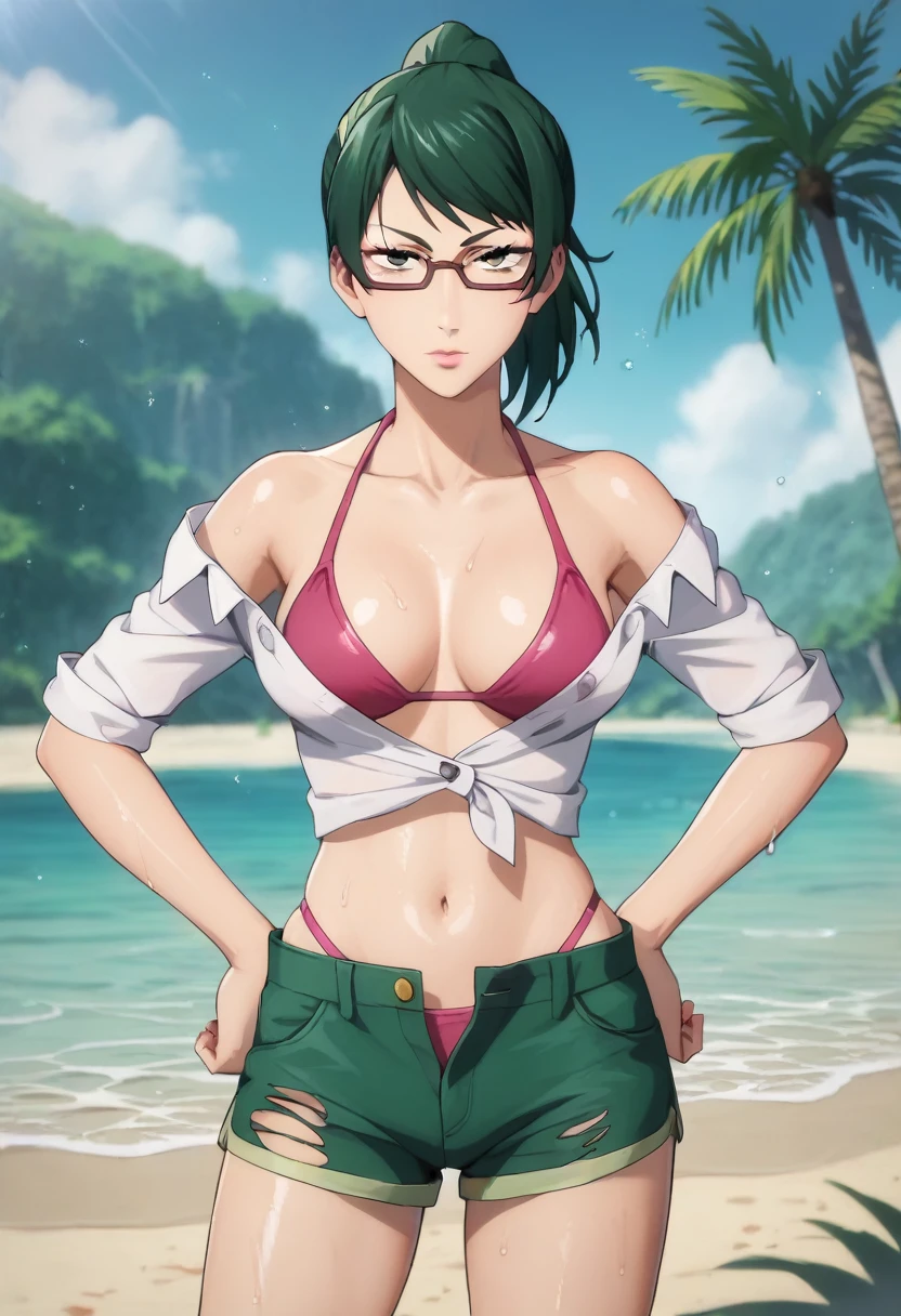 score_9,score_8_up,score_7_up,score_6_up,score_5_up,score_4_up BREAK skinny, medium breasts, shiny skin,bokeh,bloom, outdoors,light particles, beach with palm trees, 1girl, ((clear eyes)), Maki Zenin, (((green ponytail hair))), yellow eyes, medium lips, pink lips, mature female, ((perfect model body)), ((glasses, white unbuttoned shirt, deep neckline, bare shoulders, black torn shorts, pink bikini, pink thong)), wide hips, lewd look, seductive pose, serious face, wet body, hands on hips