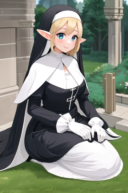 incubation, a girl, smile, elf, nun, long skirt, white gloves, cape, mature woman, 