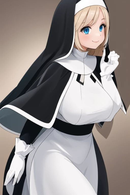 incubation, a girl, smile, elf, nun, long skirt, white gloves, cape, mature woman, solo, 