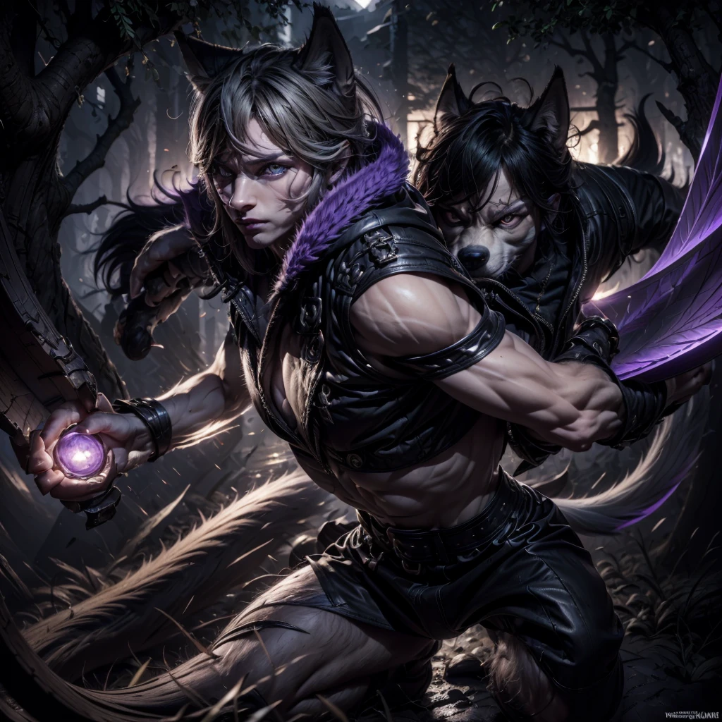 a detailed, highly realistic, photorealistic, ultra-detailed portrait of a werewolf, with wolf ears, violet eyes, sharp teeth and fangs, wearing a dark hooded robe, holding dual scythes in his hands, in a battle pose, with a bright violet and black color scheme, 8k, hyper realistic, cinematic lighting