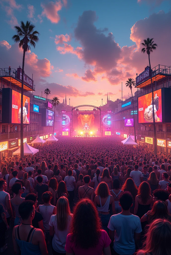 There's a music festival with a stage of dancehall artists in a metropolis of neon lights and palm trees, People wear animal print