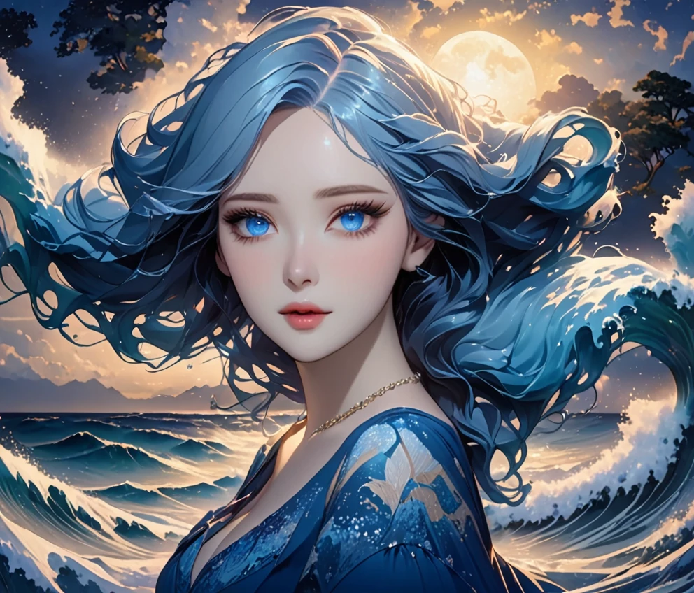 A stunning surreal 3D photo of a woman holding a basket shaped like a wave, with the moon as the central focus. The scene is set in a weightless, marble-like atmosphere that feels both spacious and intimate. The woman's hair is styled in waves, featuring subtle reflections and gradient stains. Her attire consists of indigo, gold, and turquoise elements, which complement the overall color scheme. The setting is a close-up studio photo, with stardust and pearl-like details adding to the dreamy,