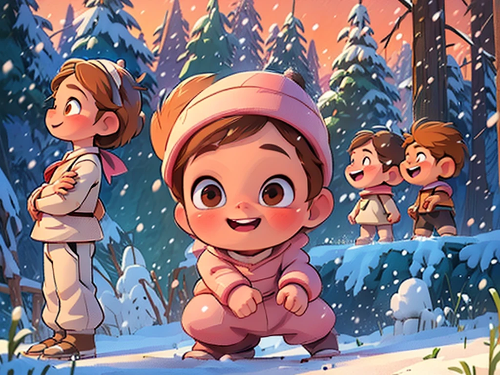character character; cute , short hair, brown eyes, pink dress and brown shoes. standing looking forward, ((variation of angles)). disney 2d style mixed with anime, cinematic, rbg. high definition, front lighting, highly detailed skin, cute and pretty face. smiling. ((4 different angles)) keep the same outfit in all images. ((different poses, arms stretched out open full image. front, profile, diagonal 25°,