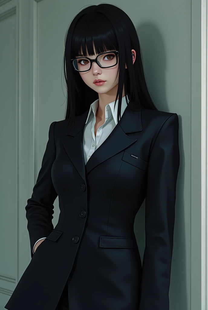 confused, Raw photo, very delicate and beautiful, masterpiece, highest quality, ultra high resolution, 32k, surreal, Super detailed, perfect anatomy, big tits, perfect figure, super dense skin, High Definition CG 8k Wallpapers, 20's, Very slim body, thick thighs, tight waist, very small head, very small face, delicate features, huge tits, muslos gruesos, tearful mole, earrings, thick legs, (very huge round breasts:1.2), full body shot, 1 girl, (school uniform:1.2), (blazer:1.2), wet clothes,, (((big ))), ((20 year old with american girl, long black hair)) (glasses)